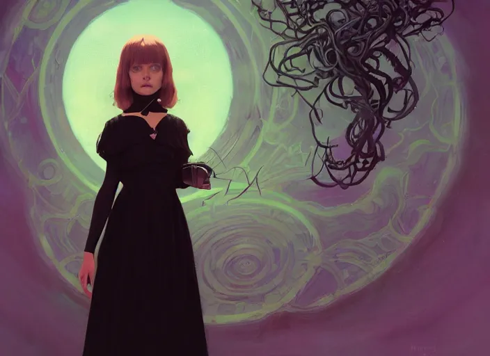 Image similar to high angle picture of a black dress witch researching about the azathoth, model pose, very brightening eyes, huge magic circles on the hand, magic and fantasy, extremely beautiful and aesthetic and detailed cute face, specular reflection, occlusion shadow, intricate, masterpiece, by ilya kuvshinov and jeremy lipking and quentin mabille