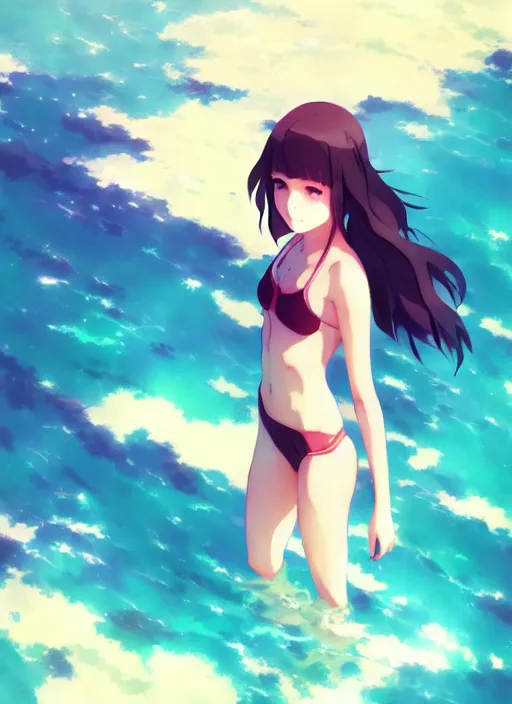 Image similar to girl swim towards. illustration concept art anime key visual trending pixiv fanbox by wlop and greg rutkowski and makoto shinkai and studio ghibli