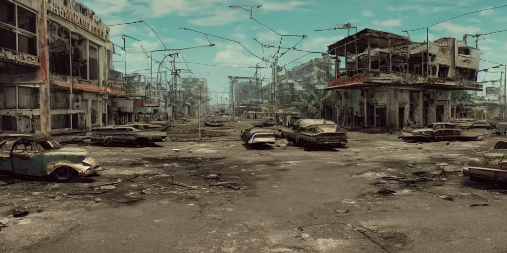 Prompt: wide angle shot of dilapidated fallout 5 tropical coastal city in real life, desolate, dilapidated, empty streets, some rusted retro futuristic vintage styled parked vehicles like cars, buses, trucks, trams, sunny weather, few clouds, volumetric lighting, photorealistic, daytime, spring, sharp focus, ultra detailed, technicolour 1