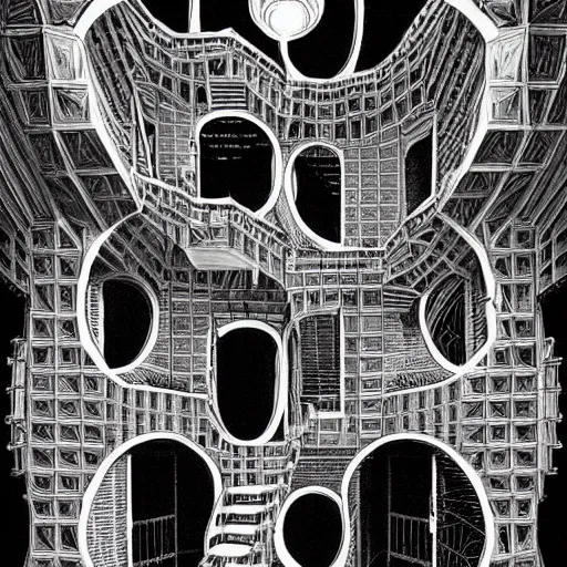 Image similar to a giant spider in a huge bright maze of many doorways and lots of stairs, many doorways, inside MC Escher architecture, artstation, Junji Ito, epic composition