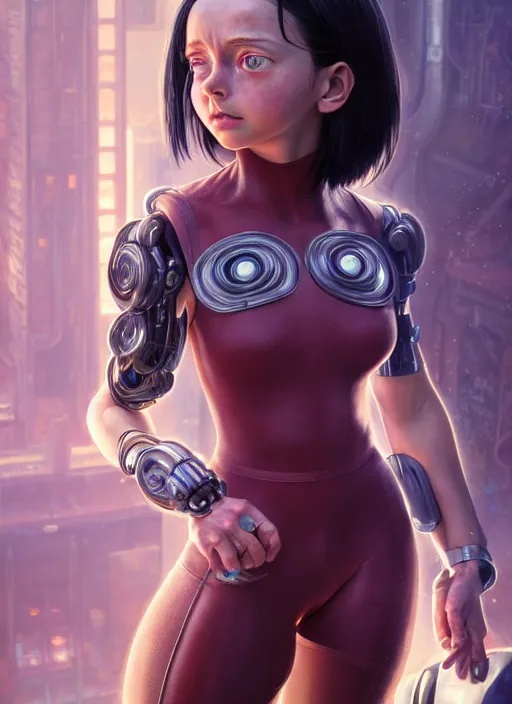 Image similar to emily willis as alita, naturel, hyper detailed, digital art, trending in artstation, cinematic lighting, studio quality, smooth render, unreal engine 5 rendered, octane rendered, art style by klimt and nixeu and ian sprigger and wlop and krenz cushart