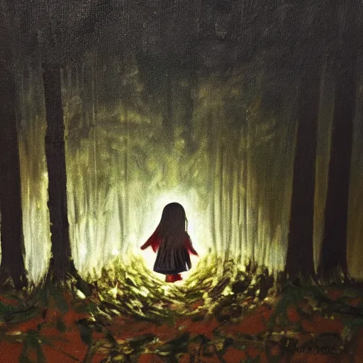 Image similar to A masterpiece oil painting of a girl trapped in a car in the dark woods, the only light visible is the light from the car