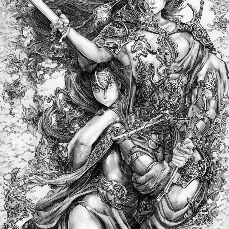 Image similar to young goddess, realistic proportions, beautiful face, in goldfish armor, wielding a fish sword, symmetrical, highly detailed, engraving kentaro miura manga art style