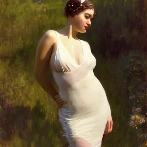 Image similar to a beautiful woman in an elegant see-thru white dress, wearing a black bikini underneath, 1920s, by Ilya Repin and WLOP, 8k octane render