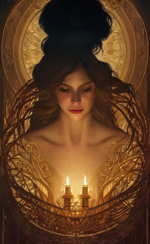 Prompt: masterpiece of beautiful hands close to a candle in dark room, cinematic, powerful, moon beams dramatic light, highly, intricate gold elements, hollow souls, detailed, digital painting, artstation, concept art, sharp focus, illustration, art by artgerm and greg rutkowski and alphonse mucha