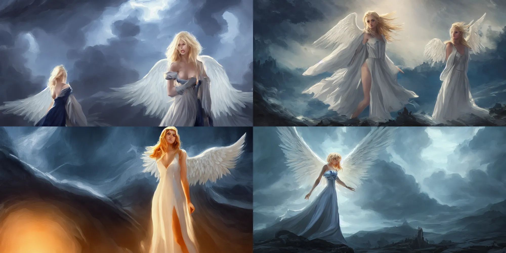 Prompt: a blonde angel with long white dress and dramatic light in the middle of a dark blue valley filled with hundreds of demons, romantic painting, 8 k, artstation, wide angle