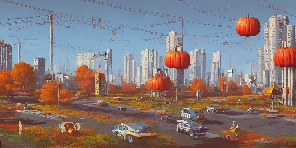 Prompt: retrofuturistic autumn post soviet city in style of Simon Stalenhag