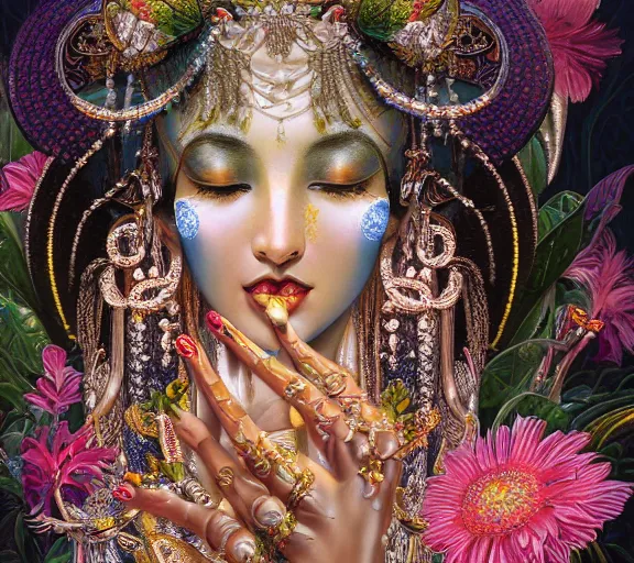 Prompt: breathtaking detailed concept art painting art deco pattern a beautiful devi goddess with shinny skin on sitted on an intricate metal throne, hands pressed together in bow, light - flowers with kind piercing eyes and blend of flowers and petals, by hsiao - ron cheng and john james audubon, bizarre compositions, exquisite detail, extremely moody lighting, 8 k h 1 0 2 4