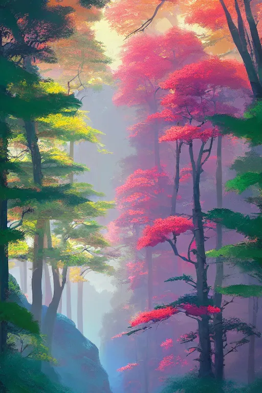 Image similar to Japanese Torii in a colorful moutain with COLORFUL trees ,morning , by studio ghibli painting, superior quality, masterpiece, by Grzegorz Rutkowski, concept art