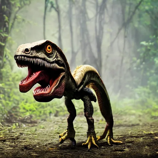 Image similar to Velociraptor dinosaur, walking in the jungle, the velocirapter has blood on its teeth, 8k, professional photography, cinematic shot, dark, smoke