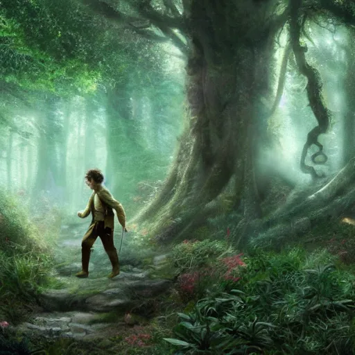 Prompt: an image of frodo from lotr, snoking marijuana, feels happy in magical elf forest, greg rutkowski, tomas kinkade, artstation