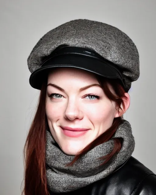 Prompt: headshot of a smiling, stoya, she is wearing a leather bomber cap on her head, she is also wearing an a 2 flight jacket, a long green wool scarf is wrapped around her neck