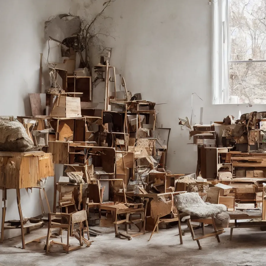 Image similar to some beautiful furniture is rearranging itself according to the music