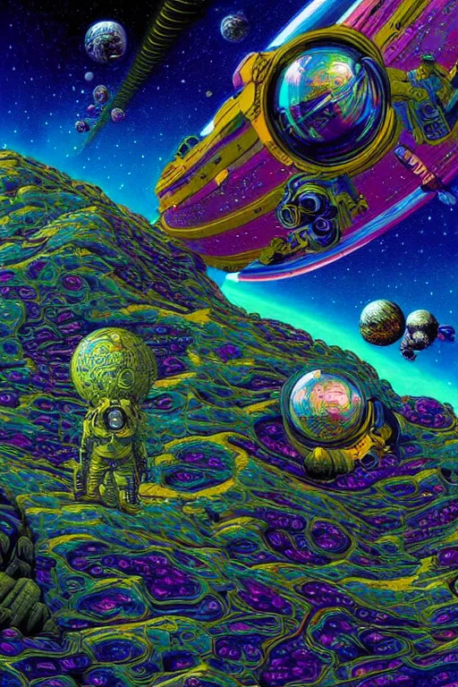 Image similar to maximalist detailed space scene lowbrow scifi artwork by kidsquidy influenced by glenn brown. ray tracing hdr polished sharp