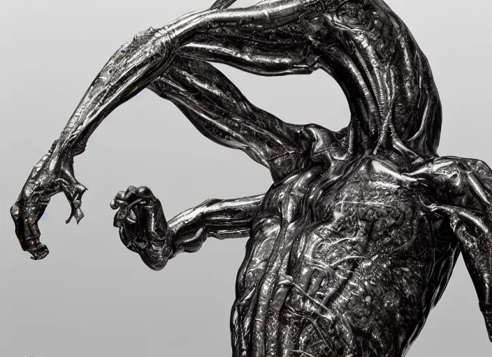 Image similar to stylized shiny polished silver statue full body extra limbs bizarre cosmic horror demonic demon made of marble of slug creature alien, perfect symmetrical body, perfect symmetrical face, hyper realistic, hyper detailed, by johannen voss, by michelangelo, octane render, blender, 8 k, displayed in pure white studio room