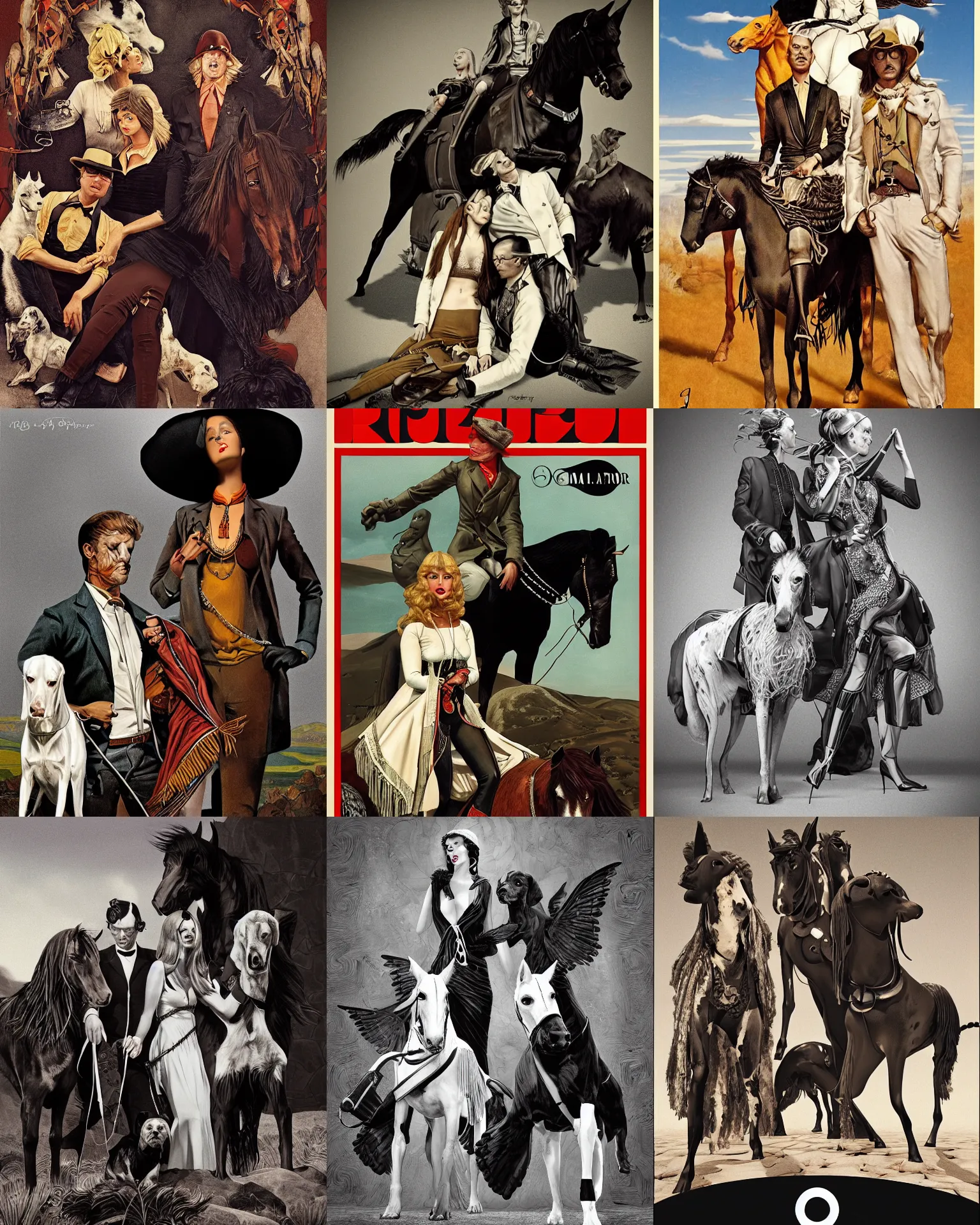 Image similar to pulp art, artwork by Joseph Leyendecker and Robert McGinnis and Alfred Henry Maurer, 3d octane blender render, Hipple and boho fashion 1970s, horses, dogs, black and white birds, progressive rock album cover