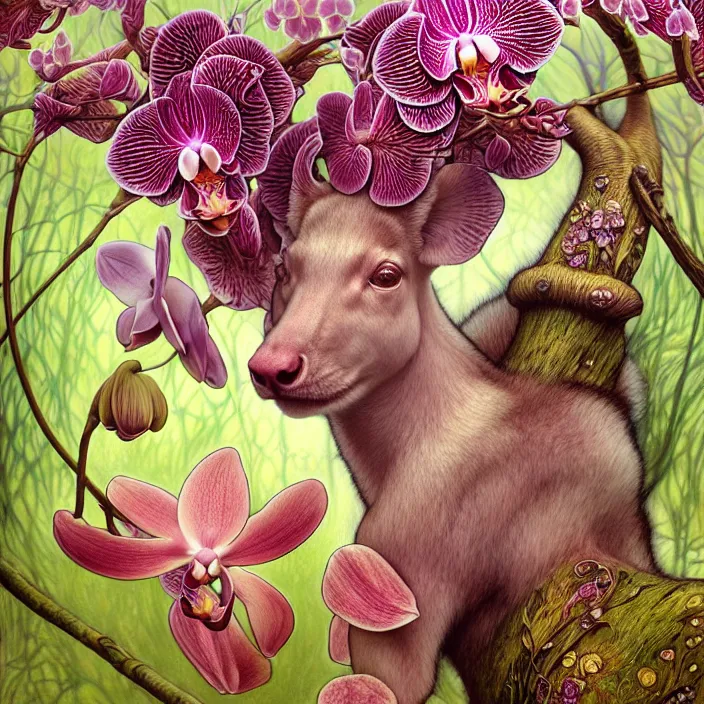 Image similar to psychedelic LSD animal, orchid, cherry blossom tree, mushrooms, diffuse lighting, fantasy, intricate, elegant, highly detailed, lifelike, photorealistic, digital painting, artstation, illustration, concept art, smooth, sharp focus, art by John Collier and Albert Aublet and Krenz Cushart and Artem Demura and Alphonse Mucha and Giuseppe Arcimboldo
