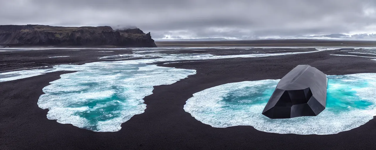 Image similar to cinematic shot of giant symmetrical futuristic military spacecraft in the middle of an endless black sand beach in iceland with icebergs in the distance,, 2 8 mm