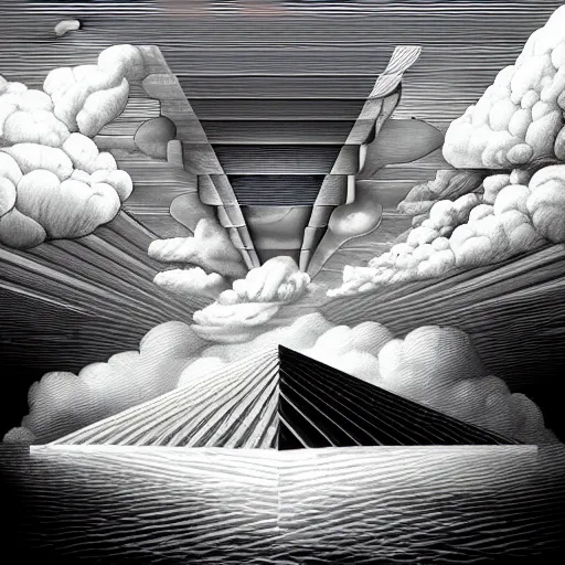 Image similar to A black and white freemasonic chequered surrealist digital painting of a stairway to into the clouds in the art style of jeff koons, Gilbert williams, Edwin Frederic Church and Christopher Balaskas, trending on artstation, 4k UHD