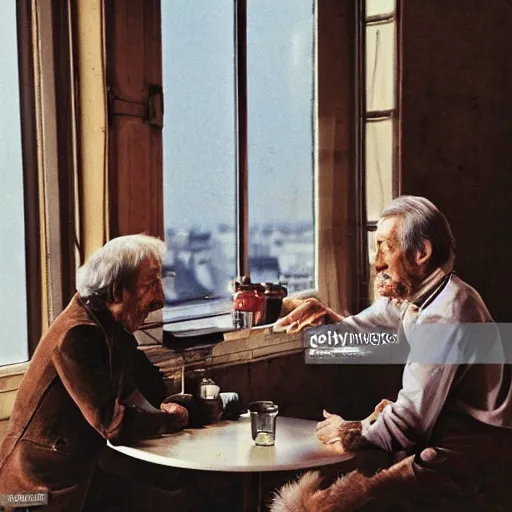 Image similar to mcgregor and jean rochefort are having a coffee. they are on nice conversation. a brown furry cat sits at the middle of the table. strong colours. nice atmosphere. 2 0 th century paris is seen on window. tobacco smoke. antique coffee cups.