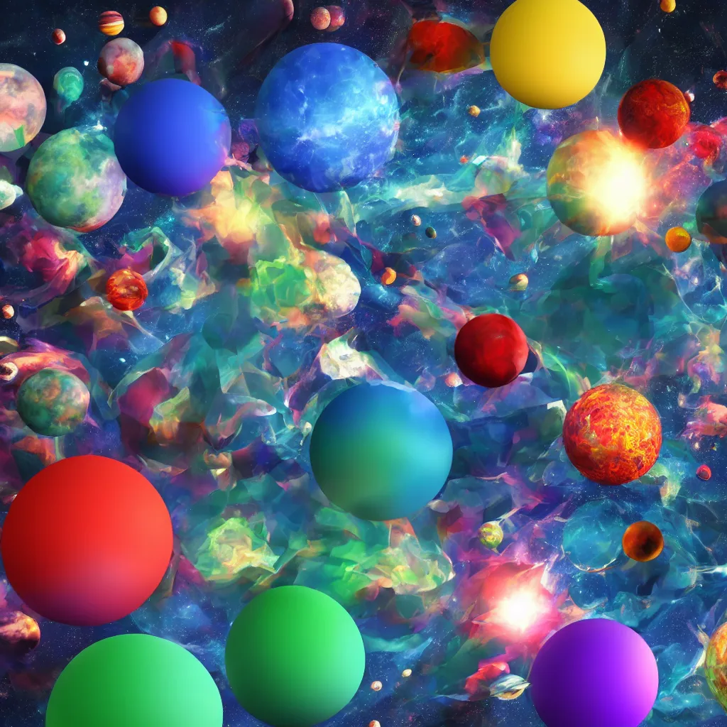 Prompt: 3 d render of a colorful sphere breaking to pieces in space