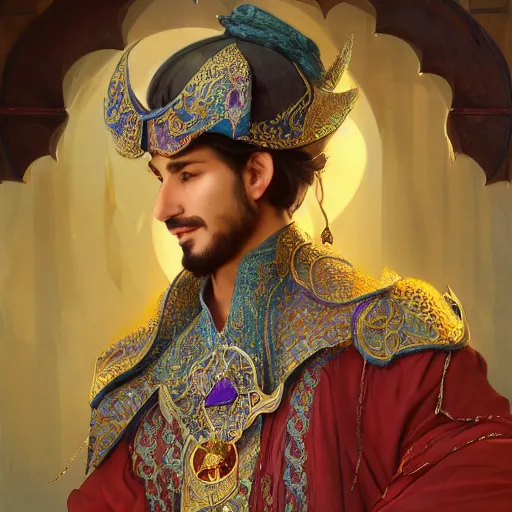 Image similar to charming arabian ( ( ( tailor ) ) ), dressed in fine colorful robes and jewelry over fantasy armor, goatee, smirking, holding a magic needle and spool, fantasy art by barret frymire and artem priakhin and wenjun lin and greg rutkowski and alphonse mucha, artstation, matte, illustration, intricate, highly - detailed high resolution