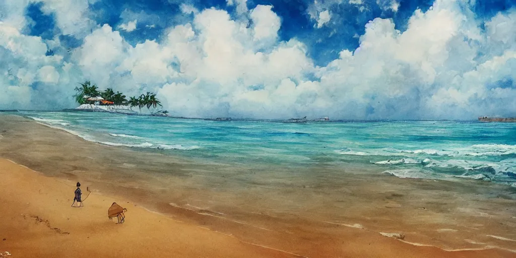 Image similar to sri lankan beach, drawn by hayao miyazaki