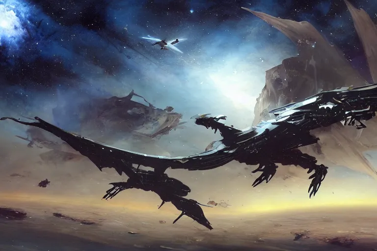 Prompt: a pterodactyl mecha, fighter-jet sized, smooth, john berkey white plastic panels, heavily armed by Craig Mullins and Scott Robertson nebula like clouds in space background near a ringed gas giant, distant explosions and spaghetti-like missile rocket exhaust trails by Dylan Cole and federico pelat cinematic lighting, hyper detailed hyper detailed, 8k, ultra realistic, cinematic lighting, ultra wide 35mm lens