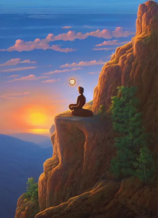 Prompt: an shaman sitting at the top of a cliff, looking down at the valley, doing a vision quest, beautiful sunset, art by vladimir kush