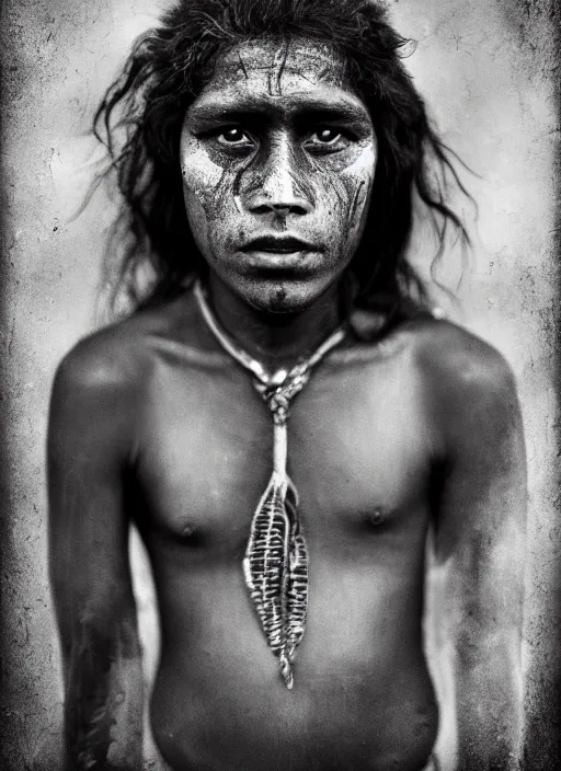 Image similar to Award winning Editorial photo of a Native Nauruans with incredible hair and beautiful hyper-detailed eyes wearing traditional garb by Lee Jeffries, 85mm ND 5, perfect lighting, gelatin silver process