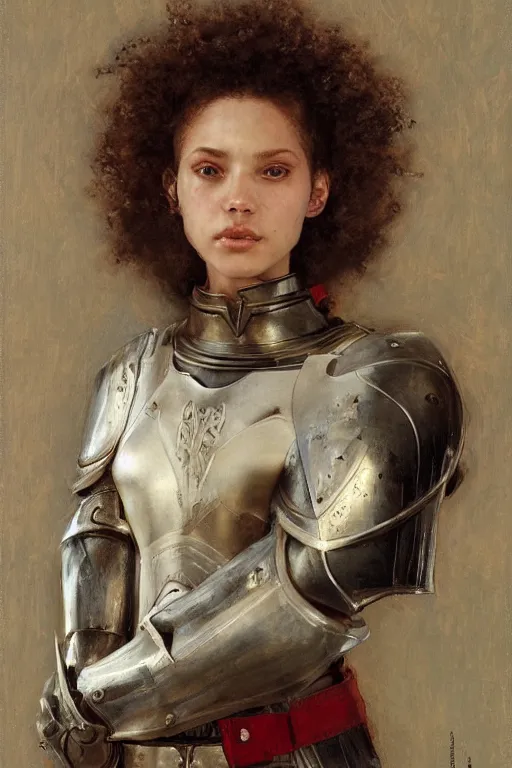 Image similar to an upper body portrait of a female knight, by Edgar Maxence and Ross Tran and Michael Whelan