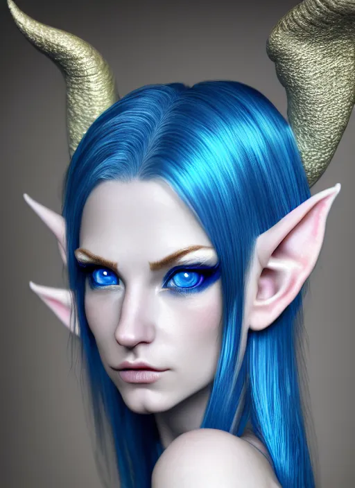 Prompt: a photorealistic portrait of a beautiful sexy elf, professionally retouched, soft lighting, hyper realistic, hyper detailed blue eyes, beautiful white detailed hair, two detailed devil horns, wide angle, sharp focus, 8 k high definition, 6 4 megapixels, insanely detailed, stunningly beautiful