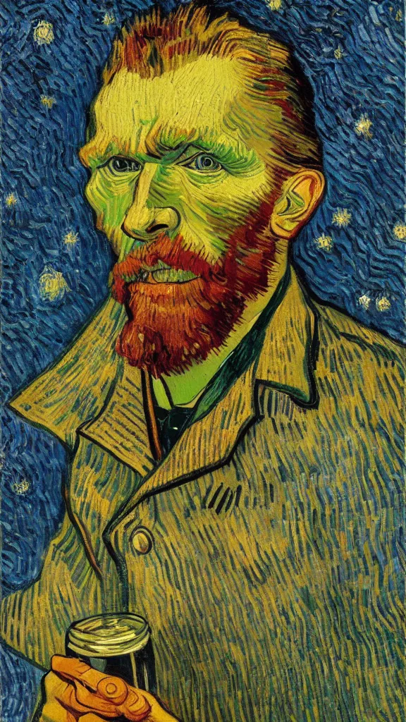 Prompt: oil on canvas, a fine portrait of vincent van gogh drinking cola, in the stary night style, surprised, detailed