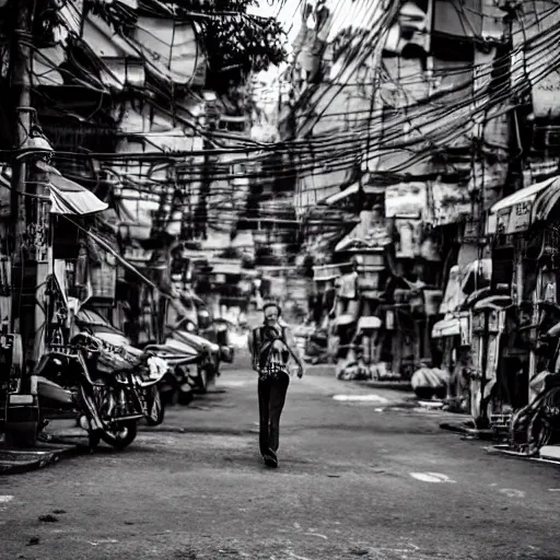 Prompt: wire in human form stand alone in the street of bangkok, photo realistic