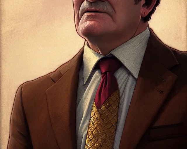 Prompt: close up of richard kind as paul lassiter wearing a brown suit and necktie, focus, d & d, intricate, elegant, highly detailed, digital painting, artstation, concept art, matte, sharp focus, illustration, hearthstone, art by artgerm and greg rutkowski and alphonse mucha