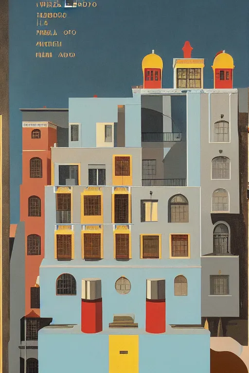 Image similar to scene from wes anderson factory building by helen lundeberg