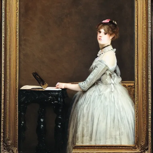 Image similar to young victorian lady in ball gown, absent - minded, holding a book, painted by alfred stevens