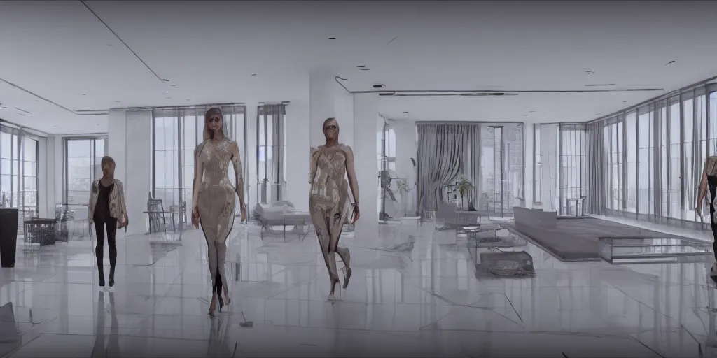 Image similar to Fashion Catwalk in a luxurious penthouse interior, concept art, rendering, hyperdetailed, unreal engine 5, 4k