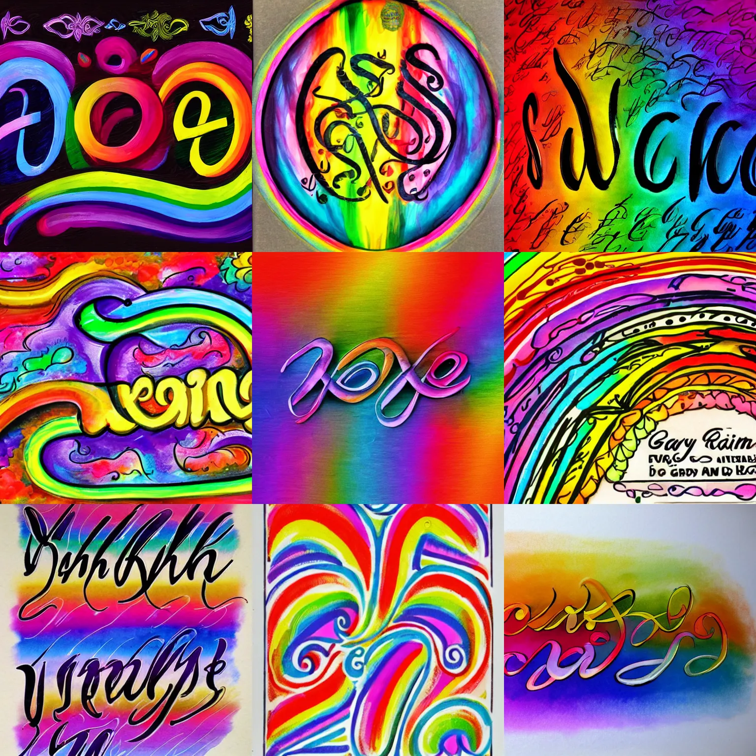 Prompt: ornate rainbow calligraphy of the word gay