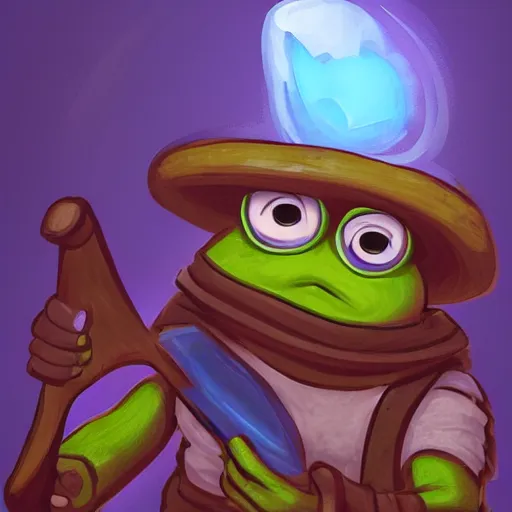 Prompt: pepe the miner with a big spoon full of blue crystals, dark cave, artstation, dramatic light, low angle