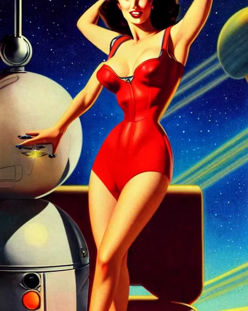 Image similar to closeup beautiful retro space megan fox varga girl, posing with a chrome robot in diesel punk city at night, windblown dark hair, seductive, hyper detailed, digital art, smooth, sharp focus, gil elvgren, anna dittmann alberto vargas, 1 9 5 0, when mars attacks