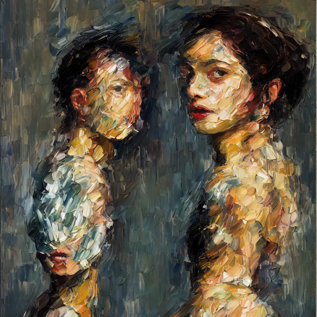 Image similar to highly detailed palette knife oil painting of a young woman by Peter Lindbergh, impressionistic brush strokes, painterly brushwork