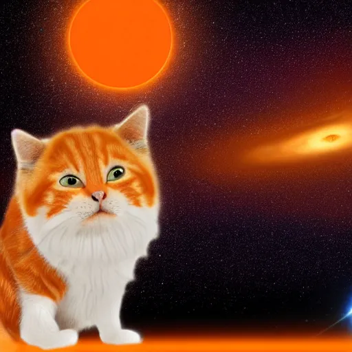 Prompt: A fuzzy orange cat sitting on planet earth, space with stars in the background, trending on artstation, 3D animation, by Salvador Dali