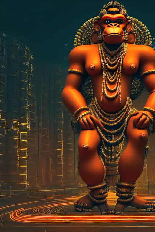 Prompt: high quality 3 d render post - rococo cyberpunk hanuman! head building, neon madhubani, highly detailed, in sci - fi mumbai, cinematic smooth unreal engine, lee madgwick & liam wong, dramatic light, low angle, uhd 8 k, sharp focus