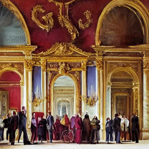 Prompt: people drinking red wine named roi soleil in versailles castle, realistic painting