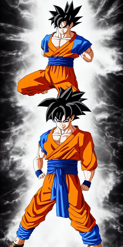 Image similar to son goku full body, photorealistic, highly detailed, 8 k, sharp focus, simple background, cinematic