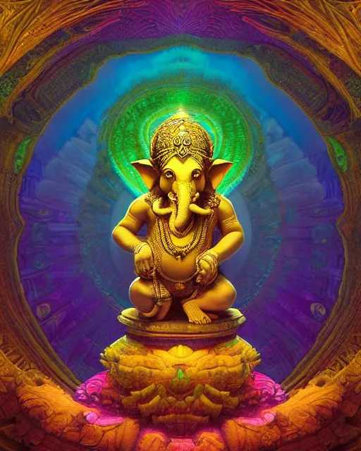 Image similar to psychedelic ganesh of the cosmos, mandelbulb, mandala, coherent design, symmetrical, concept art, vivid color, complementary color, golden ratio, detailed, sharp lines, intricate, rainbowshift, by maxfield parrish, by peter mohrbacher, by gustave dore, by alphonse mucha, deviantart, octane render
