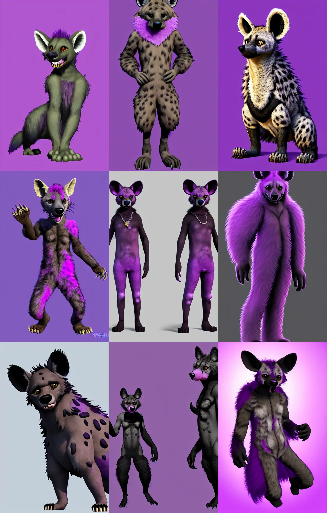 Prompt: a full - body centered front - perspective furry male fursona portrait, a male hyena fursona, purple and black fur color scheme, natural background, trending on weasyl, painted in zbrush, high - resolution, godrays, photorealistic