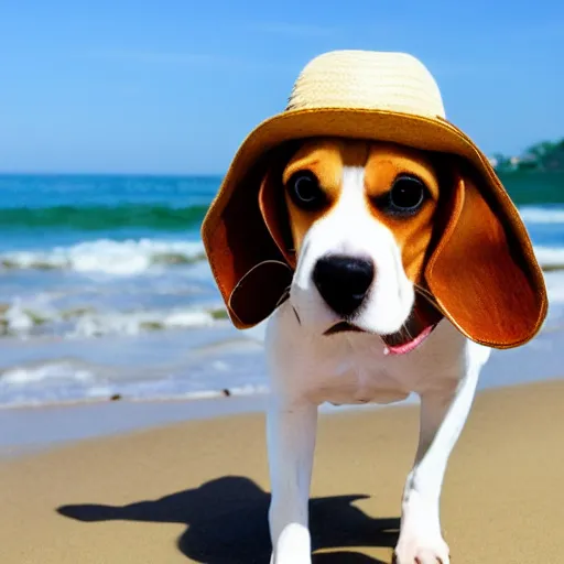 Prompt: a beagle in summer beach wearing hat