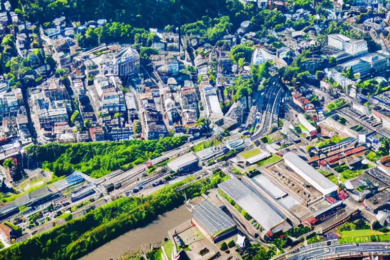 Image similar to bird's eye view photography of a small city. town hall, central farm, monorail station, beach and shipping dock. hills, woods and lake to the north.